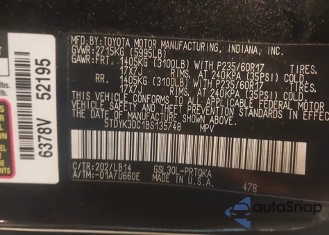 2011 Toyota Sienna Xle V6 from USA, damaged, VIN 5TDYK3DC1BS135748